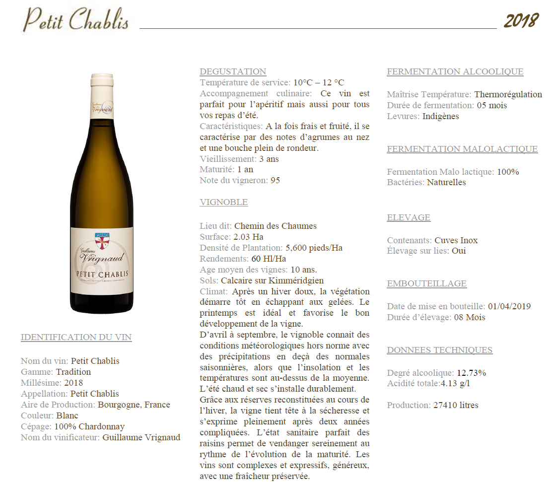 Petit Chablis 2018 小夏布利霞多麗白酒