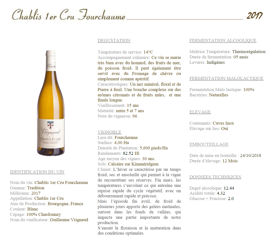 CHABLIS 1ER CRU Fouchaume 一級園夏布利霞多麗白酒