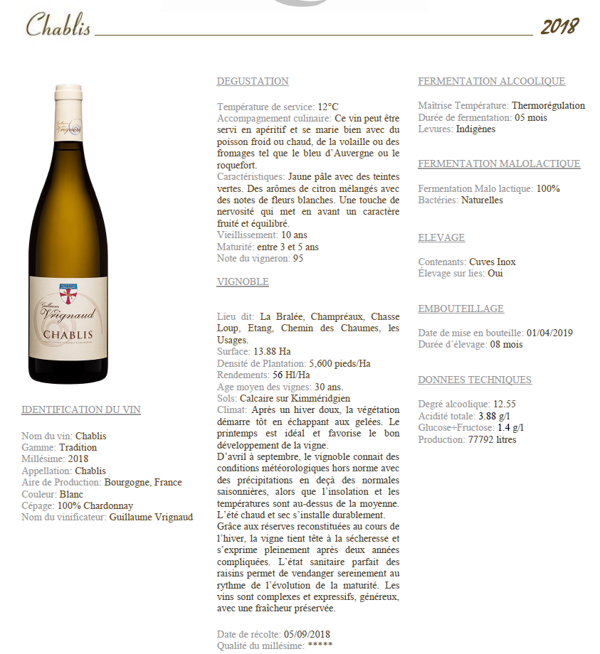 CHABLIS 750ml 夏布利霞多麗白酒