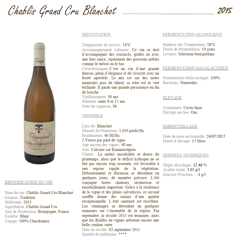 CHABLIS GRAND CRU Blanchot 2015 特級園夏布利霞多麗白酒